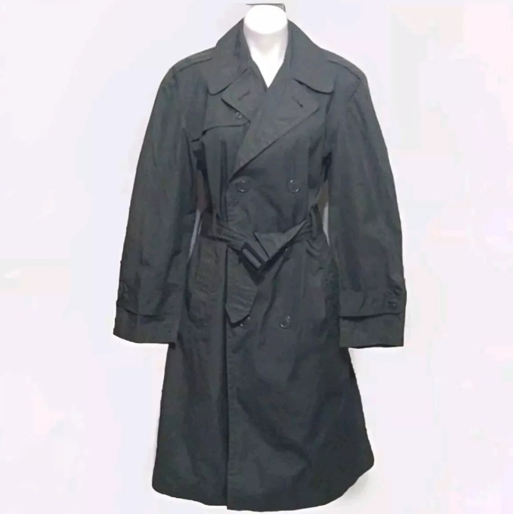 Vintage Army Green Belted Trench Coat Small 38 Double Breasted Military Classic